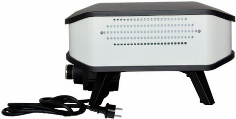 Der Cozze 13 Zoll Pizzaofen, elektrisch V230 (CH-Stecker) von Cozze ist ein schwarz-weißer Pizzaofen mit Belüftungslöchern, vier Beinen, angebrachtem Stromkabel und Stecker, sowie einer digitalen Temperaturanzeige für präzises Backen.
