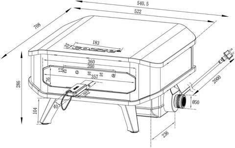 Schwarz-weiße technische Zeichnung des rechteckigen Cozze 13 Zoll Pizzaofen, elektrisch V230 - CH-Stecker. Abmessungen dargestellt, Gasschlauch rechts; Ofen mit Cordierit-Pizzastein steht auf vier Beinen und ist mit "Cozze" beschriftet.