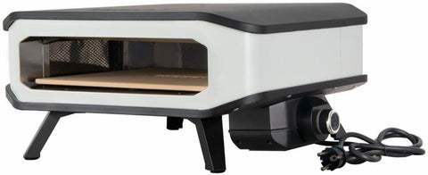 Der Cozze 17 Zoll Pizzaofen, elektrisch V230 (Cozze) verfügt über ein schlankes schwarz-weißes Design mit offener Front, Cordierit-Pizzastein, vier kurzen Beinen, seitlichem Stromkabel und Bedienknopf - ideal für die Zubereitung leckerer Outdoor-Pizza zu Hause.