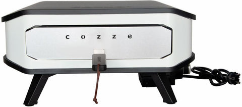 Der Cozze 17 Zoll Pizzaofen, elektrisch V230 mit CH-Stecker, ist ein moderner rechteckiger Elektro-Pizzaofen mit silberner Tür, schwarzem Rand, kurzem Standfuß und Cordierit-Pizzastein - ideal für perfekte Outdoor-Pizza.