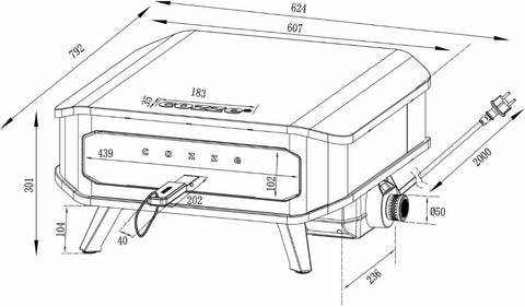 Strichzeichnung des Cozze 17 Zoll Pizzaofen, elektrisch V230 - CH-Stecker von Cozze, zeigt einen rechteckigen Tischofen mit beschrifteten mm-Maßen, Netzkabel, Bedienknopf, Griff, Beine, Cordierit-Pizzastein, und Pfeile für Höhe, Breite & Tiefe.
