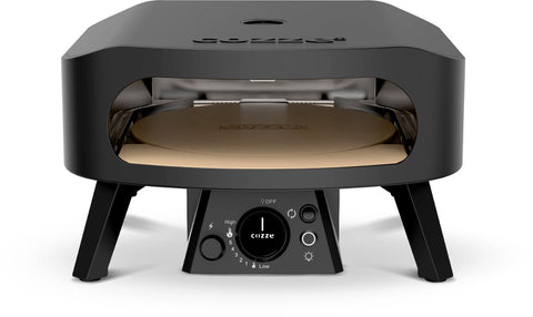 Der Cozze Pizzaofen Rotate - Black Edition [13 Zoll] verfügt über ein digitales Temperaturkontrollpanel, einen sichtbaren rotierenden Pizzastein, vier abgewinkelte Beine und läuft mit Gas (50mbar CH-Regler) für modernes Pizzabacken.