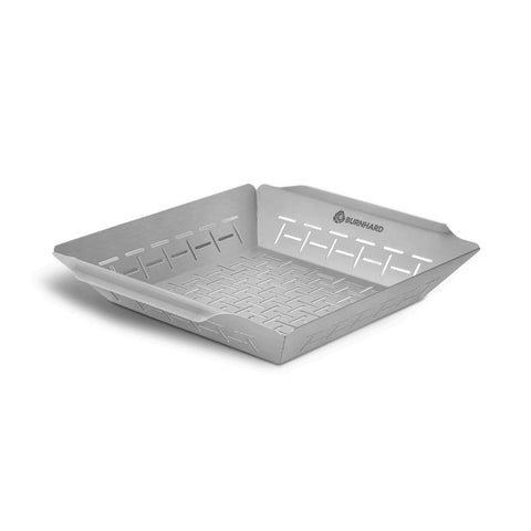 Der Burnhard Edelstahl Grillkorb [35,5 x 30 x 5,5 cm] ist spülmaschinenfest, besitzt praktische Perforationen und zeigt das Burnhard Logo seitlich.
