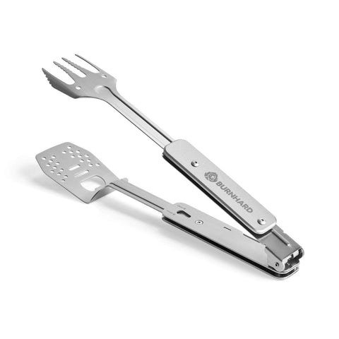 Das Burnhard Grillbesteck Multitool 4-in-1 kombiniert Gabel, Spatel mit Löchern und gezackter Kante und andere Werkzeuge. Aus rostfreiem Stahl mit Griffen mit Burnhard-Logo - ideal zum Grillen oder Kochen im Freien.