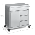 Der Burnhard Beistellwagen Edelstahl (Black Edition) ist ein Wagen aus Edelstahl mit einer großen Tür, drei Schubladen und vier Rädern – ideal zum Kochen im Freien. Maße: 92,5 × 88 × 53 cm. Marke: Burnhard.