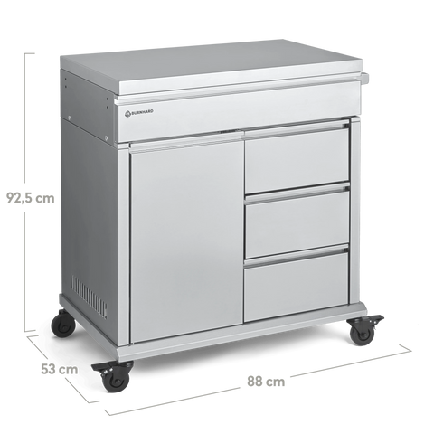 Der Burnhard Beistellwagen Edelstahl (Black Edition) ist ein Wagen aus Edelstahl mit einer großen Tür, drei Schubladen und vier Rädern – ideal zum Kochen im Freien. Maße: 92,5 × 88 × 53 cm. Marke: Burnhard.