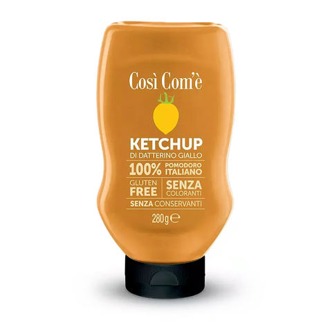 Eine 280 g Quetschflasche Così Com’è Ketchup di Datterino Giallo von Così Comè, hergestellt aus 100 % italienischen gelben Datteltomaten. Das Etikett hebt hervor, dass es glutenfrei und frei von Farb- und Konservierungsstoffen ist. Die Flasche hat einen schwarzen Klappverschluss und ein orange-gelbes Etikett.