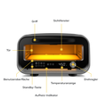 Das Ooni Volt 2 Elektro Pizzaofen & Halo Pro Spiral-Knetmaschine Bundle von Ooni bietet einen kompakten schwarzen Pizzaofen mit beschrifteten deutschen Teilen: Tür, Griff, Sichtfenster, Benutzeroberfläche, Standby-Taste, Heizungsanzeige, Temperaturanzeige und Bedienknopf.