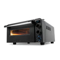 Der KYS Vero 500 Pro Elektro Pizzaofen in Schwarz verfügt über eine Digitalanzeige, Bedienknöpfe und ein beleuchtetes Sichtfenster. Schräg abgebildet, heizt er bis zu 500 °C auf - ideal für authentische neapolitanische Pizza.