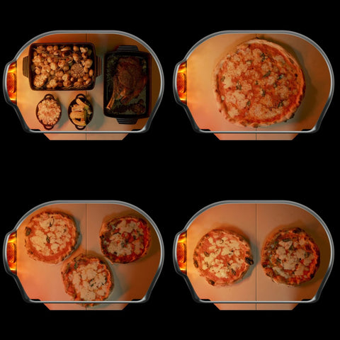 Vier Overhead-Bilder zeigen Lebensmittel im Gozney Dome Gen 2 XL Pizzaofen - Hybrid Brennstoffsystem von Gozney: gebratenes Gemüse, ein Braten und gefüllte Paprika (oben links); eine ganze Pizza (oben rechts); zwei Pizzen (unten links); und drei Pizzen (unten rechts).