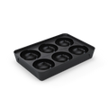 Eine schwarze Silikonform mit sechs Mulden zum Herstellen runder Eiskugeln. Die rechteckige Form hat abgerundete Kanten und weist in jeder Mulde eine glatte, hochglänzende Oberfläche auf, ähnlich der Präzision der Gozney Pizzaballen-Box mit Thermometer von Gozney. Sie ist auf einem schwarzen Hintergrund angebracht.