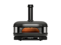 Der Gozney Dome Gen 2 XL Pizzaofen - Hybrid Brennstoffsystem von Gozney ist ein moderner schwarzer Pizzaofen für den Außenbereich mit rundem Schornstein, gewölbter Frontöffnung mit orangefarbenem Licht, digitaler Steuerung und sichtbarem "Gozney"-Branding.