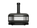 Der Gozney Dome Gen 2 XL Pizzaofen - Hybrid Brennstoffsystem von Gozney zeichnet sich durch ein modernes zylindrisches Design mit schwarzem Sockel, Edelstahlmitte und kurzem, vertikalem Schornstein aus - ideal für die professionelle Outdoor-Küche - und steht auf weißem Hintergrund.