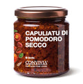 Die Convivia Getrocknete Tomaten aus Sizilien (Capuliatu) kommen in einem Glasgefäß mit Bronzedeckel, beschriftet für Liebhaber der italienischen Küche - perfekt als Capuliatu oder Belag für Pizza.
