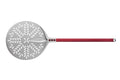 Der Cerutti Inox Cerutti Tulip Pizzaschaufel rund perforiert Ø36cm hat einen dekorativen ausgeschnittenen Metallkopf und einen langen roten Griff, ideal für die Verwendung mit einer Ooni Koda 16. Abgebildet auf weißem Hintergrund.