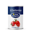 Eine 400-g-Dose O Sole e Napule Datterino-Tomaten bringt authentischen mediterranen Geschmack in Ihre Rezepte - achten Sie auf das blau-weiße Etikett von O Sole e Napule.