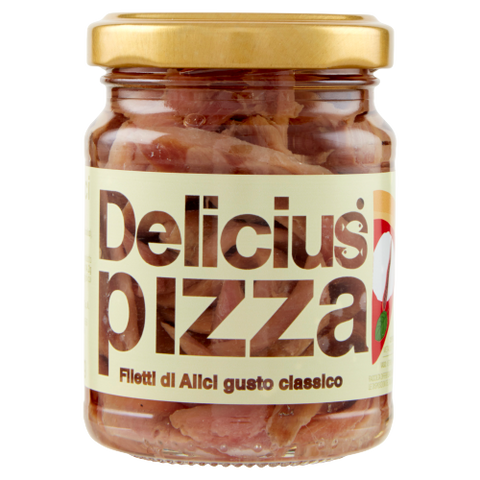 Ein Glas Sardellenfilets der Marke Delicius Rizzoli mit der Bezeichnung „Delicius Sardellenfilets Mild - für Pizza – 145 g“ bietet klassischen Geschmack. Die Verpackung hat einen goldenen Deckel und zeigt in auffälliger Schrift das Bild einer Sardelle auf einem Pizzastück. Diese Premiumfilets eignen sich ideal, um jedes Gericht zu veredeln.