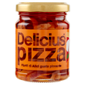 Ein 145-g-Glas mit den für Pizza konzipierten Pikante Sardellenfilets von Delicius Rizzoli verfügt über einen goldenen Deckel und das Bild einer Paprika auf dem Etikett, wodurch es sich ideal eignet, um Ihrem Gericht eine würzige Chili-Note zu verleihen.