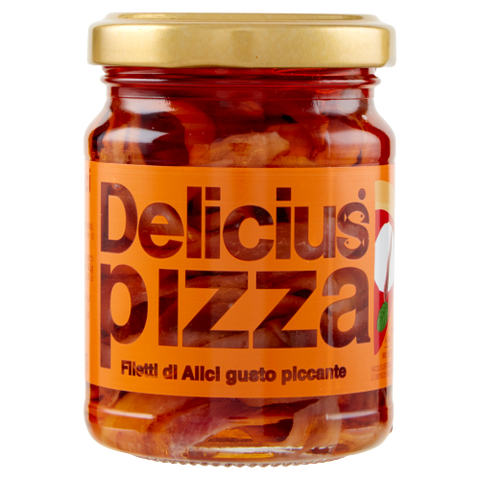 Ein 145-g-Glas mit den für Pizza konzipierten Pikante Sardellenfilets von Delicius Rizzoli verfügt über einen goldenen Deckel und das Bild einer Paprika auf dem Etikett, wodurch es sich ideal eignet, um Ihrem Gericht eine würzige Chili-Note zu verleihen.