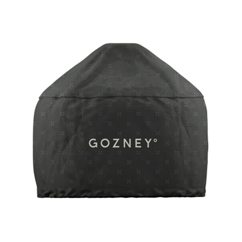 Die Gozney Dome Abdeckhaube Off-Black von Gozney ist eine schwarze, wetterfeste Hülle mit einem dezenten Kreuzmuster und dem Schriftzug "GOZNEY" in fetten weißen Lettern auf der Vorderseite, die vor einem weißen Hintergrund steht.