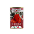 Eine Dose Tomaten der Marke Gustarosso mit der Aufschrift „Gustarosso Getrocknete San Marzano Tomatenfilets (400 g)“ steht vor einem weißen Hintergrund. Das Etikett zeigt ein Bild ganzer und geschnittener San Marzano Tomaten sowie einen Text, der darauf hinweist, dass das Produkt „100 % italienisch“ ist.