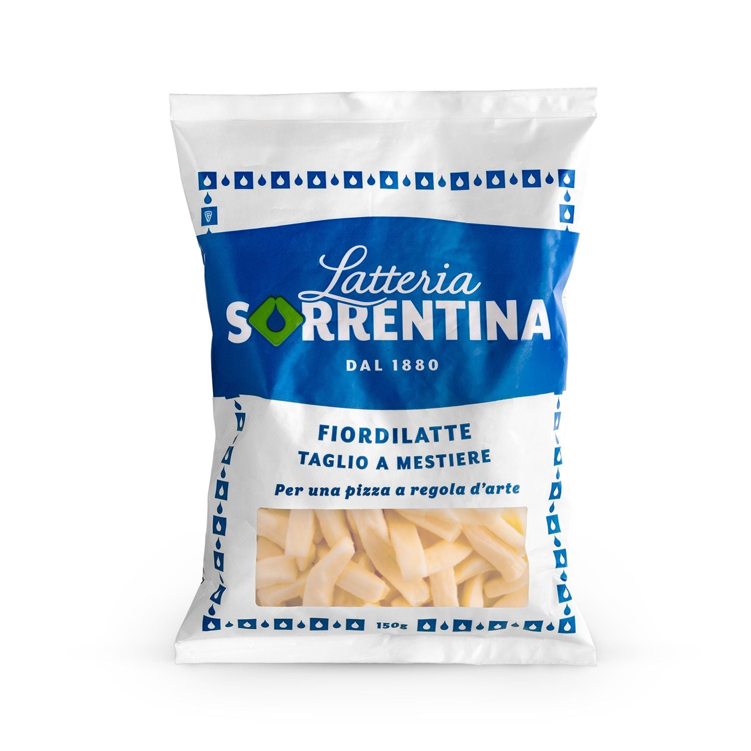 Der Latteria Sorrentina Fior di Latte Mini-Pack geschnitten (150g) bietet geschnittenen Fior di Latte in einer weiß-blauen Tüte mit blauen Mustern, einem transparenten Fenster und ist ideal zum Belegen von authentischer neapolitanischer Pizza.