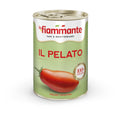 Dose La Fiammante il Pelato, oben mit der Aufschrift „IL PELATO“ und „Sani e Mediterranei“ gekennzeichnet. Mit dem Bild einer ganzen geschälten Tomate auf hellgrünem Hintergrund weist das Etikett stolz darauf hin, dass diese geschälten Tomaten zu 100 % italienische Tomaten sind.