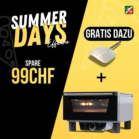 Werbefoto mit den Texten „Summer Days Effeuno“, „99 CHF sparen“ und „Gratis dazu“. Es zeigt den kompakten Pizzaofen Effeuno N3 inkl. Biscotto-Pizzastein 2024 und einer Pizzaschaufel und hebt damit ein Sommerangebot hervor, bei dem eine Pizzaschaufel gratis mitgeliefert wird.