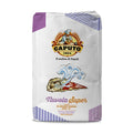Eine weiß-violette Packung Caputo Nuvola Super Mehl (5 kg), genannt „Nuvola Super“, mit der Abbildung eines Bäckers, einer großen neapolitanischen Pizza und dem Mulino Caputo-Logo mit Weizenhalmen. Der Text auf der Verpackung enthält „Il mulino di Napoli“ und „Di Grano Tenero Tipo '0'“.