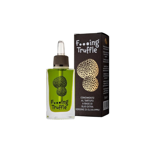 Die Flasche und die Schachtel des Galantino F***ing Truffle Olivenöl-Gewürzes sind mit grünem Olivenöl extra, einem Tropfverschluss, einer Illustration des Trüffelgewürzes und dem Galantino-Branding verziert.