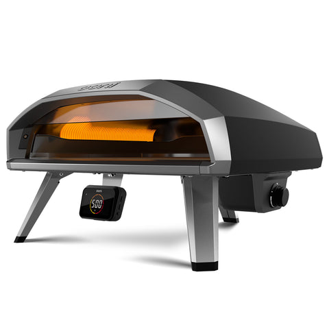 Der Ooni Koda 2 Pro Gas-Pizzaofen von Ooni verfügt über G2-Gas-Technologie, eine digitale Temperaturanzeige, ein sichtbares Heizelement und ein elegantes schwarz-silbernes Design mit vier stabilen Beinen – perfekt für die moderne Pizzazubereitung im Freien auf dem Tisch.