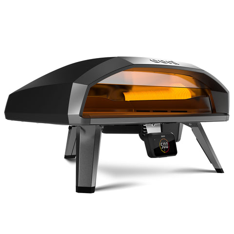 Der Ooni Koda 2 Pro Gas-Pizzaofen von Ooni ist ein moderner schwarz-silberner Outdoor-Ofen mit digitaler 500-°C-Anzeige, offener Vorderseite, orange leuchtendem Heizelement und fortschrittlicher G2-Gastechnologie.