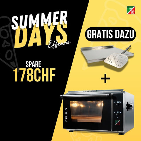 Werbefoto für einen Sommerschlussverkauf mit dem Effeuno Pizzaofen P134HA PRO 509 °C unter einer Pizzaschaufel und einem Pizzaschneider, Text: „SUMMER DAYS“, „SPARE 178 CHF“ und „GRATIS DAZU“. Gelb-schwarzer Hintergrund, Grafik mit einem Pizzastück. Hergestellt in Italien.