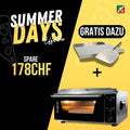 Werbegrafik für Sommertage von Effeuno. Sparen Sie 178 CHF beim Kauf des Pizzaofens EffeUno P134H PRO 509 °C für professionelle Pizzaqualität zu Hause. Links in Schwarz mit fetter Schrift; rechts in Gelb sind die mitgelieferte Pizzaschaufel und das Backblech abgebildet.