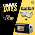 Werbebild für „Summer Days Effeuno“ mit dem Effeuno-Pizzaofen P234H PRO 509 °C, darunter zwei Backkammern, darüber ein Pizzaschaufel-Set sowie die Schriftzüge „Sparen Sie 178 CHF“ und „Gratis dazu“ auf gelb-schwarzem Hintergrund.