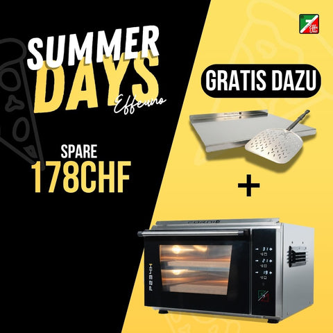 Werbebild für „Summer Days Effeuno“ mit dem Effeuno-Pizzaofen P234H PRO 509 °C, darunter zwei Backkammern, darüber ein Pizzaschaufel-Set sowie die Schriftzüge „Sparen Sie 178 CHF“ und „Gratis dazu“ auf gelb-schwarzem Hintergrund.