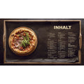 Links ist auf einem Holztablett Pizza mit Rucola zu sehen. Rechts zeigt die deutsche Speisekarte mit dem Titel "INHALT" Pizza-Innovationen aus "In Pizza We Crust - Das Buch für alle, die Pizza lieben" von Ava Verlagsauslieferung.
