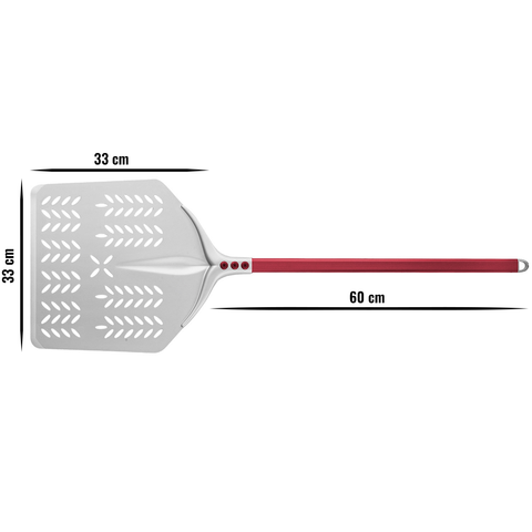 Die Cerutti Inox Tulip Pizzaschaufel quadratisch perforiert 36x36cm besteht aus eloxiertem Aluminium, hat einen roten Griff (60 cm) und eine flache Klinge mit runden Ecken und Schlitzen für einfaches Pizza-Handling.