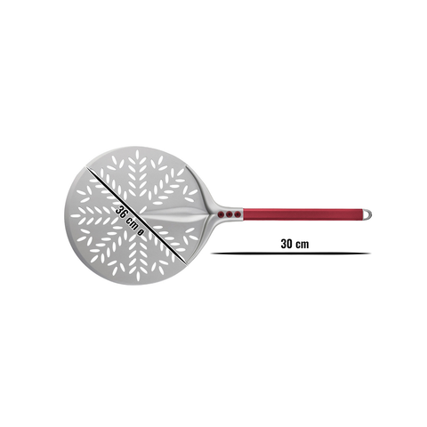 Die Cerutti Inox Cerutti Tulip Pizzaschaufel rund perforiert Ø36cm hat eine runde perforierte Metallpfanne und einen 30 cm langen roten Stiel mit einem Aufhängeloch zur einfachen Aufbewahrung. Hergestellt in Italien.