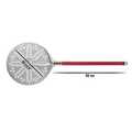 Die Cerutti Inox Cerutti Tulip Pizzaschaufel rund perforiert Ø36cm hat dekorative blattähnliche Löcher und einen 60 cm langen roten Griff - perfekt für Öfen wie den Ooni Koda 16. Abgebildet auf weißem Hintergrund mit Größenetiketten.