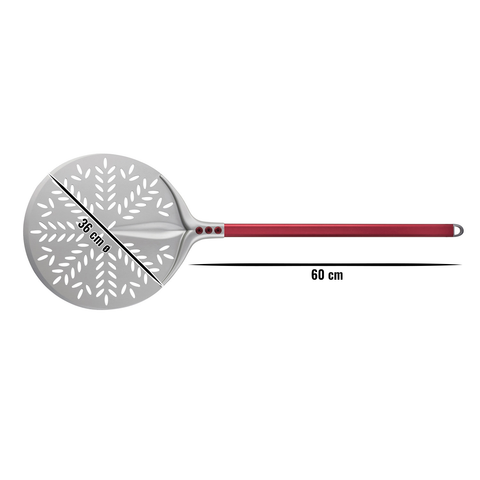 Die Cerutti Inox Cerutti Tulip Pizzaschaufel rund perforiert Ø36cm hat dekorative blattähnliche Löcher und einen 60 cm langen roten Griff - perfekt für Öfen wie den Ooni Koda 16. Abgebildet auf weißem Hintergrund mit Größenetiketten.