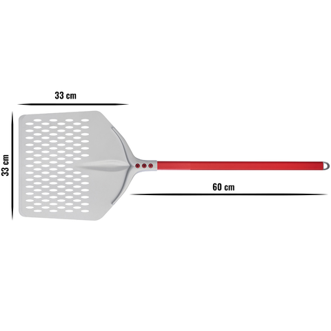 Die Cerutti Inox Tulip Pizzaschaufel quadratisch perforiert 33x33cm hat einen roten Griff, eine gelochte quadratische Klinge aus eloxiertem Aluminium und ist mit 60 cm Länge und 33 cm Breite ideal für Ihren Pizzaofen.
