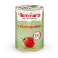 Eine Dose La Fiammante il Pomodorino ist mit dem Bild einer Kirschtomate auf dem Etikett versehen. Auf dem leuchtenden Etikett in Rot und Grün steht „Il Pomodorino“ und „100 % Italiano“. Die Dose hat oben eine Lasche zum einfachen Öffnen, perfekt, um Ihren Rezepten frisches Basikum hinzuzufügen.