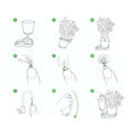 Schritt-für-Schritt-Anleitung für Ihren greevi Kräuterheld selbstbewässernder Kräuter-Pflanztopf (GREEVI): 1. Füllen Sie die Wasserschale. 2. Setzen Sie die Pflanze in den Topf. 3. Stellen Sie den Topf auf die Schale. 4. Öffnen Sie eine Wasserflasche. 5. Befestigen Sie den Adapter unseres Grevi patentierten Bewässerungssystems. 6-9: Setzen Sie die Flasche ein, füllen Sie sie, drehen Sie sie um und stellen Sie sie auf den Kopf, um