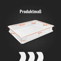 Ein weißes, rechteckiges FUMOSA Pizzaballen-Box-Set (40x30x7) auf schwarzem Hintergrund mit mehreren Maßangaben in Zentimetern. Die Maße sind 40 cm Länge, 30 cm Breite, 7 cm Höhe, mit Innenmaßen von 35,5 cm Länge und 26 cm Breite. Der Text „Produktmaß“ steht oben.