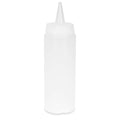 Eine durchsichtige FUMOSA-Dosierflasche aus Kunststoff (2er-SET) mit konischer Tülle und Schraubverschluss, die üblicherweise zum Dosieren von Gewürzen wie Ketchup, Senf oder Saucen verwendet wird. Die spülmaschinengeeignete Flasche von Fumosa ist leer und steht auf einem schlichten weißen Hintergrund.