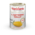 Eine Dose La Fiammante il Datterino Giallo. Das weiße Etikett zeigt oben den Markennamen, in der Mitte eine Abbildung einer gelben Tomate und einen Text, der darauf hinweist, dass diese 100 % italienischen Pomodorini Datterini Gialli genveränderungsfrei sind.