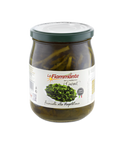 Ein 580 g schweres Glas La Fiammante Friarielli alla Napoletana mit einem grünen Metalldeckel und einem Etikett mit einem Bild von Stängelkohl in Öl sowie dem Markennamen und der Produktbeschreibung in italienischem Text.